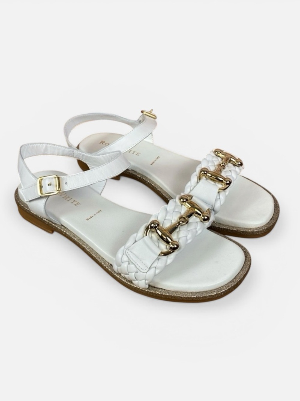 Ron White Vidalia Leather Ankle Strap White Gold Accents Sandals Sz EU40 - US9